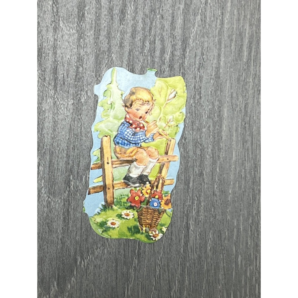 Antique Die-Cut Scrap Boy on Fence with Flowers Ephemera Spring Art - Picture 1 of 4